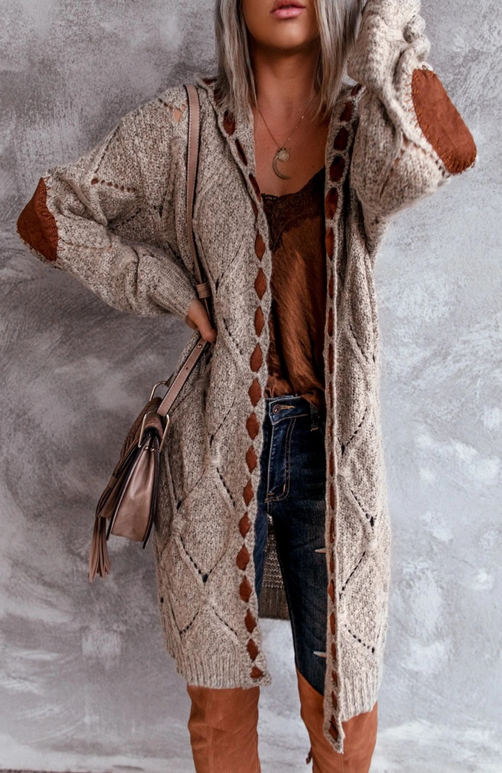 Louise - Stylische lange Strickjacke Bequem mit Kapuzenpullover