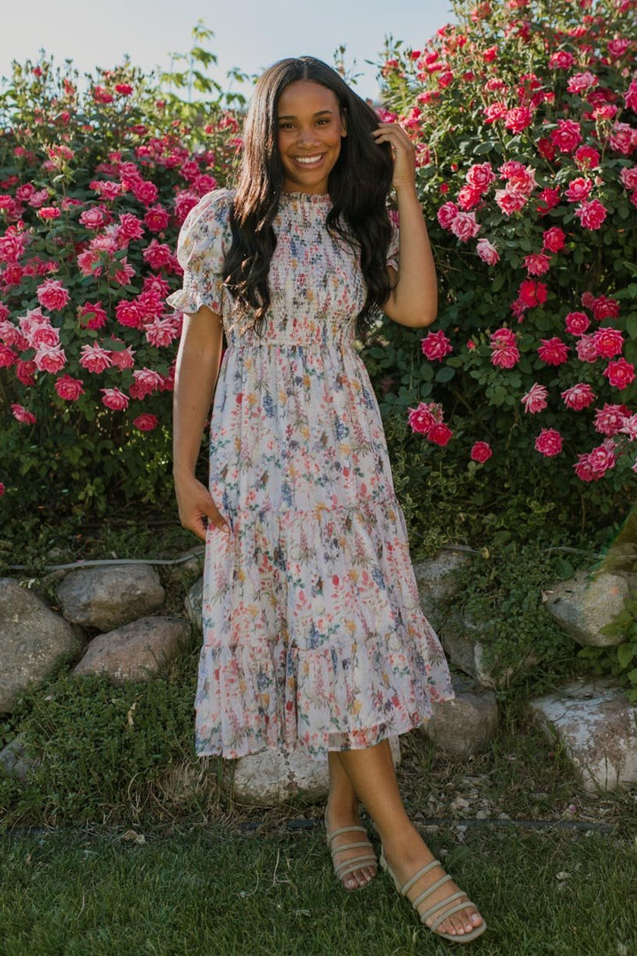 Cordelia Damen Midikleid mit Blumendruck & Smock-Bustier | Luftig, Feminin & Schwangerschaftstauglich