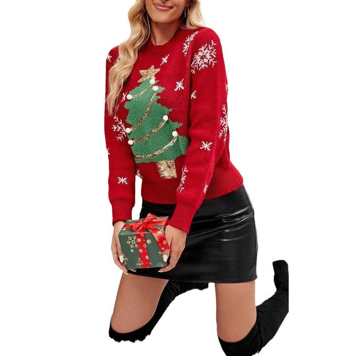 Maria | Trendy kerstboomontwerp PulloverWeihnachtspulli Damen Casual | Weihnachtsbaum Snowy Ornaments Motiv
