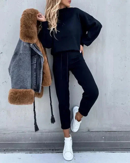 Sporty Chic Jogginganzug für Frauen | Lockere Passform, Kordelzug, 2-teilig, Bequemer Sweatsuit