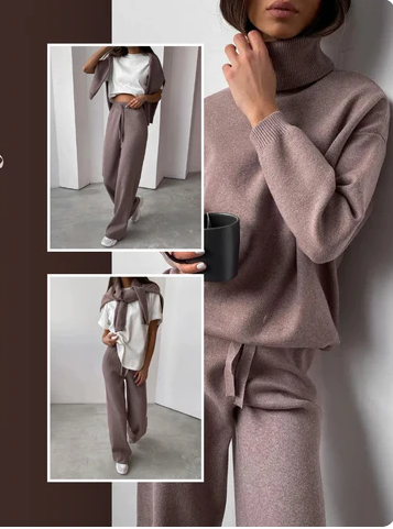 Sarah 2-teiliges Set – Rollkragenpullover & Weite Hose aus 100% Baumwolle | Stilvoll & Bequem für Kühle Tage