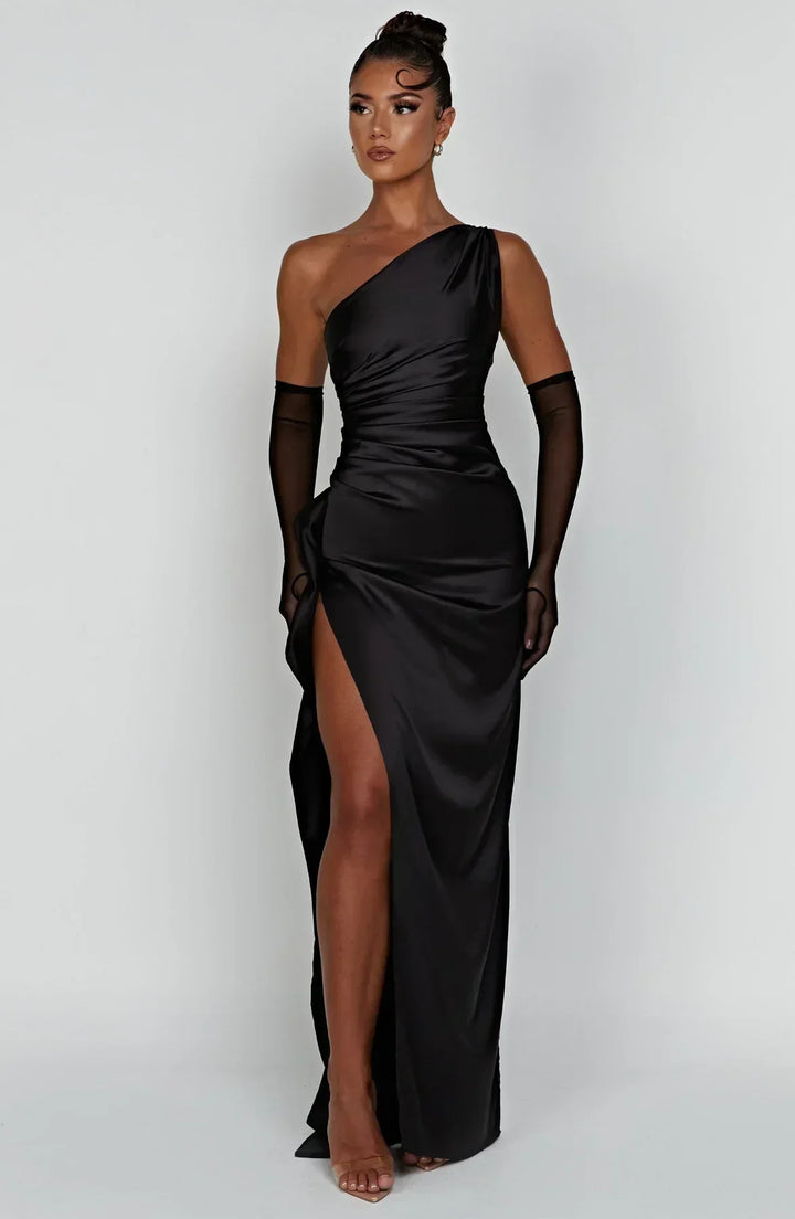 Jaida Abendkleid aus Satin | Asymmetrisches One-Shoulder Design mit hohem Schlitz und verstellbaren Trägern