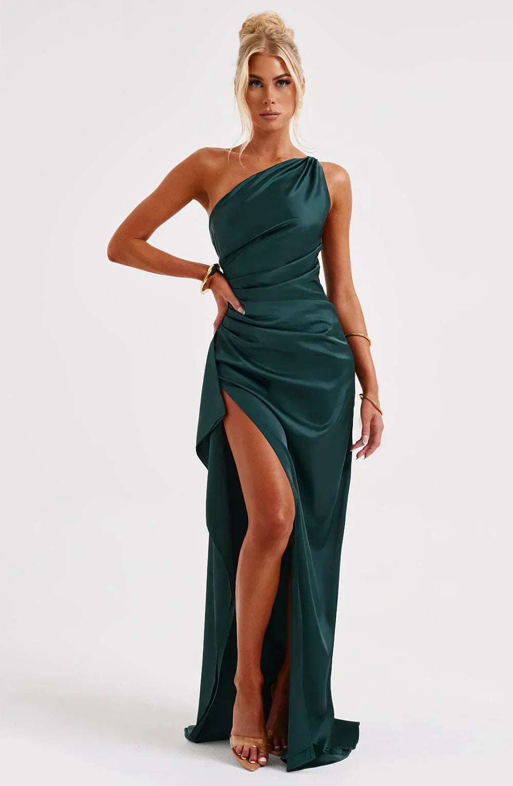 Jaida Abendkleid aus Satin | Asymmetrisches One-Shoulder Design mit hohem Schlitz und verstellbaren Trägern