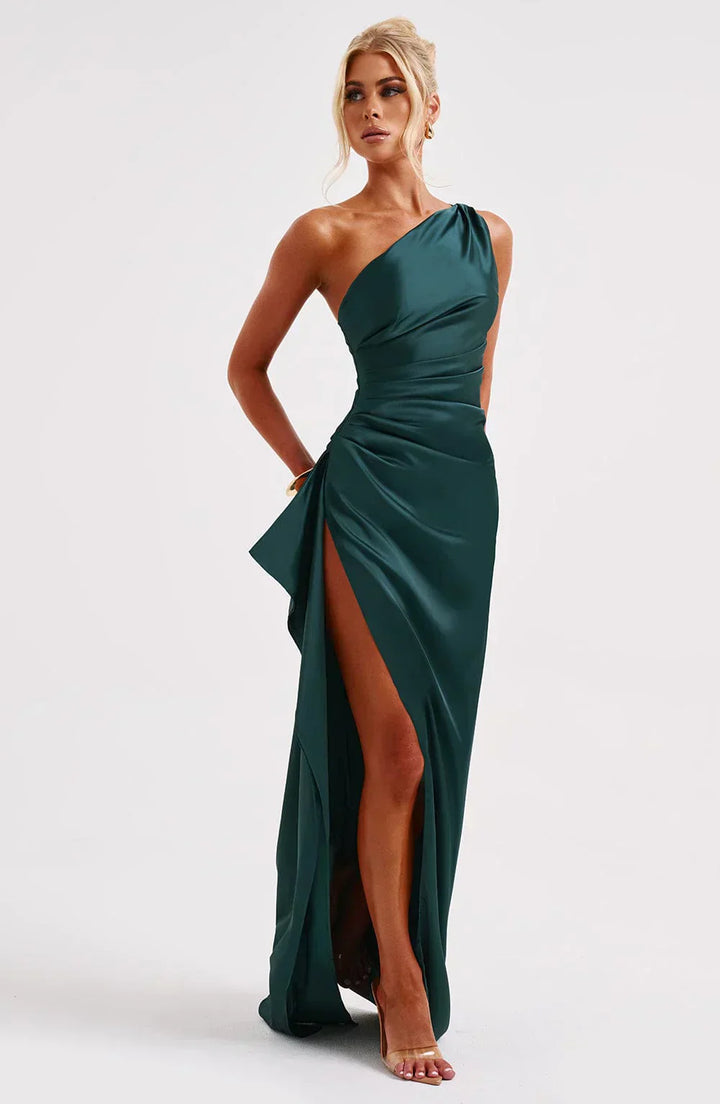 Jaida Abendkleid aus Satin | Asymmetrisches One-Shoulder Design mit hohem Schlitz und verstellbaren Trägern