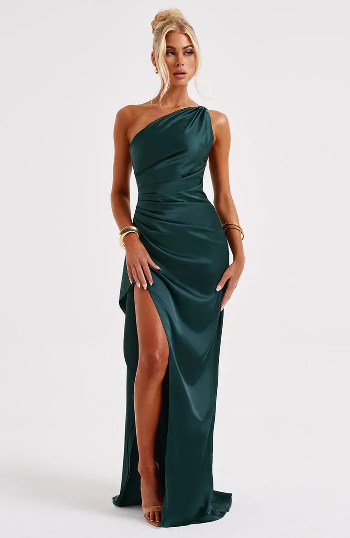 Jaida Abendkleid aus Satin | Asymmetrisches One-Shoulder Design mit hohem Schlitz und verstellbaren Trägern