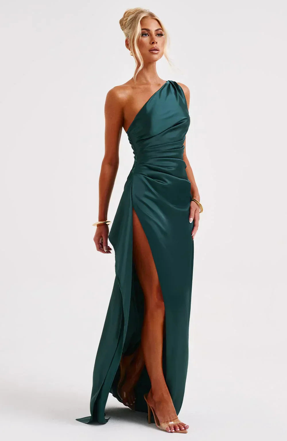 Jaida Abendkleid aus Satin | Asymmetrisches One-Shoulder Design mit hohem Schlitz und verstellbaren Trägern