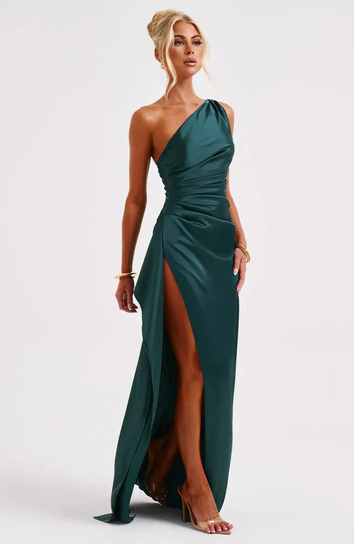 Jaida Abendkleid aus Satin | Asymmetrisches One-Shoulder Design mit hohem Schlitz und verstellbaren Trägern