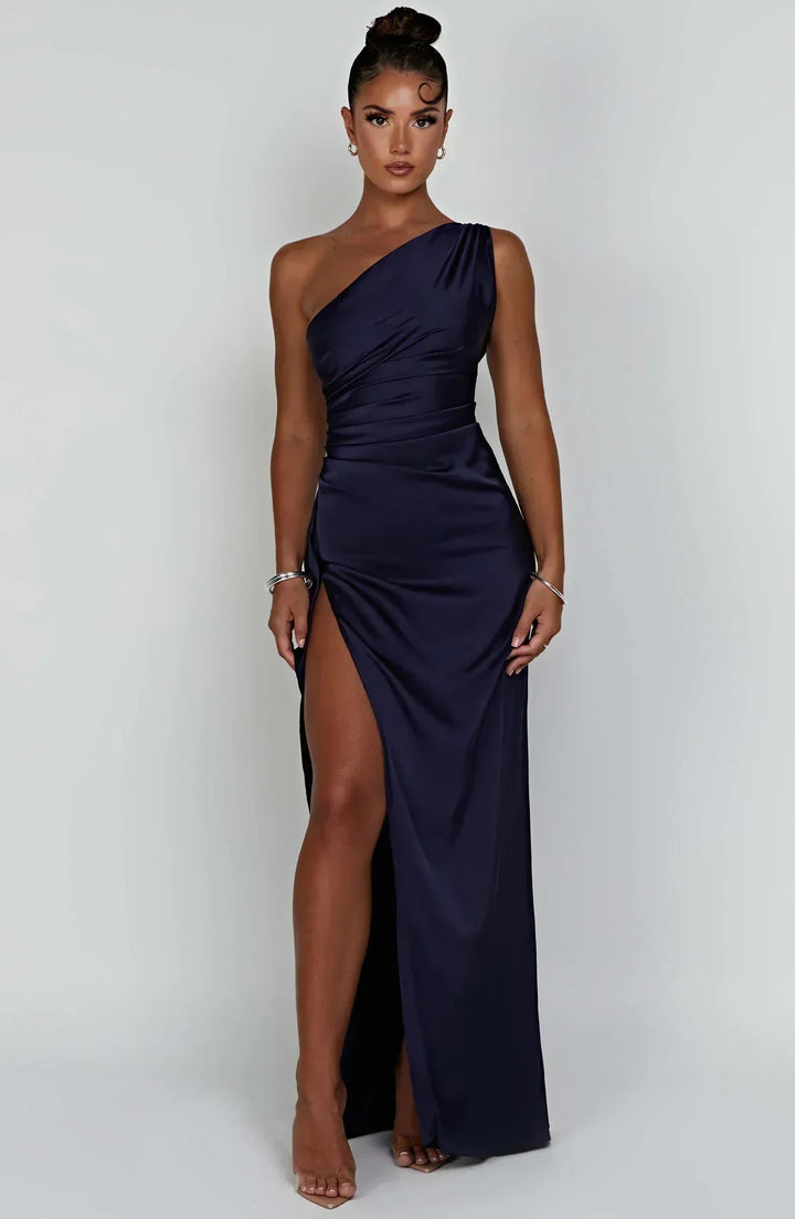 Jaida Abendkleid aus Satin | Asymmetrisches One-Shoulder Design mit hohem Schlitz und verstellbaren Trägern
