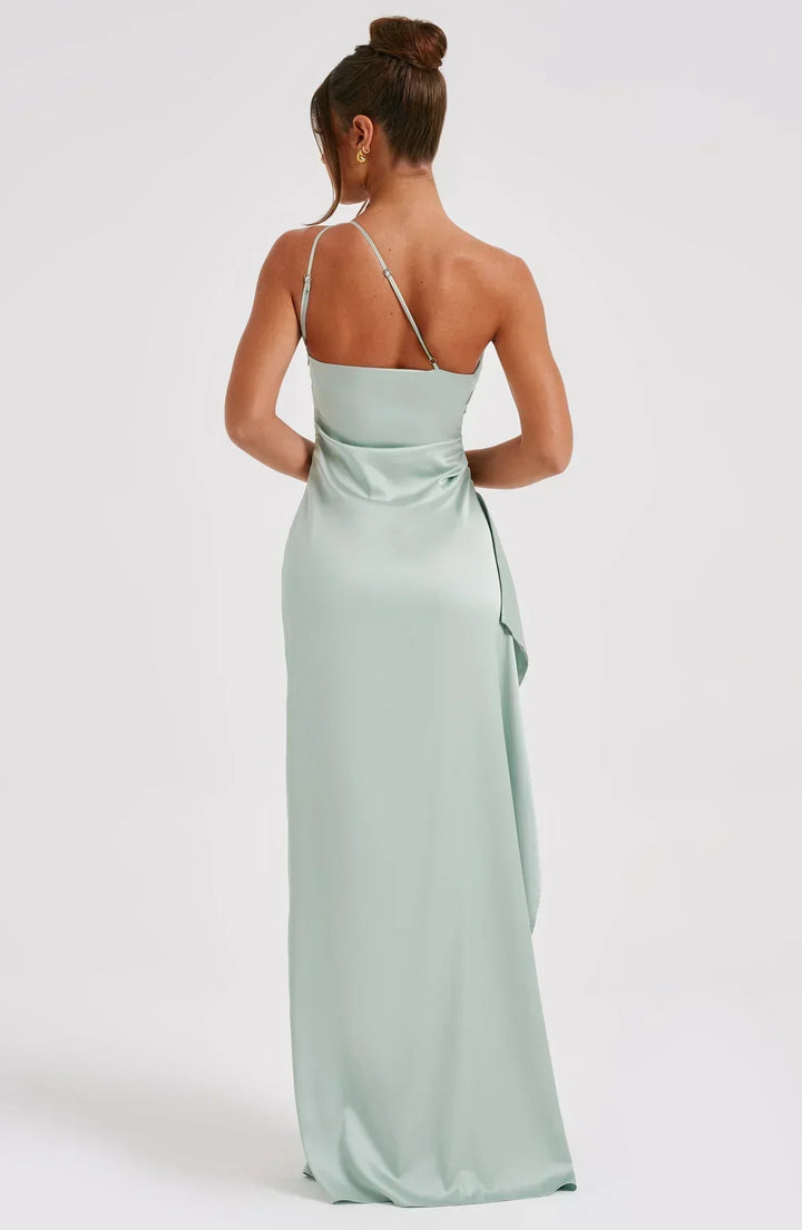 Jaida Abendkleid aus Satin | Asymmetrisches One-Shoulder Design mit hohem Schlitz und verstellbaren Trägern