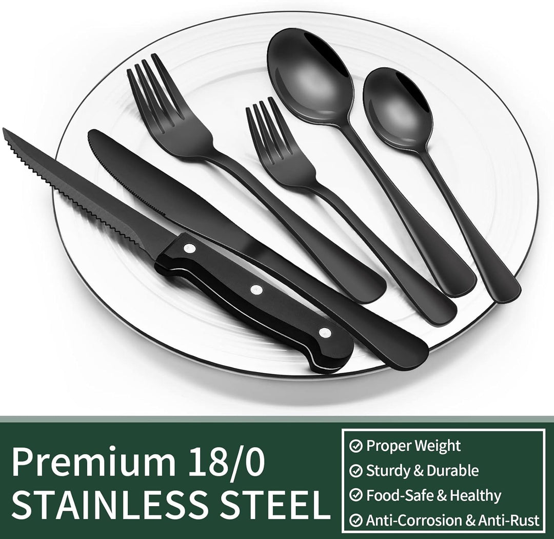 24-teiliges schwarzes Edelstahl-Besteckset mit Steakmessern – Modernes Besteck für 4 Personen