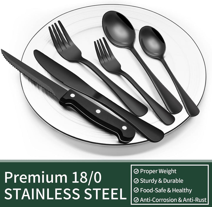 24-teiliges schwarzes Edelstahl-Besteckset mit Steakmessern – Modernes Besteck für 4 Personen