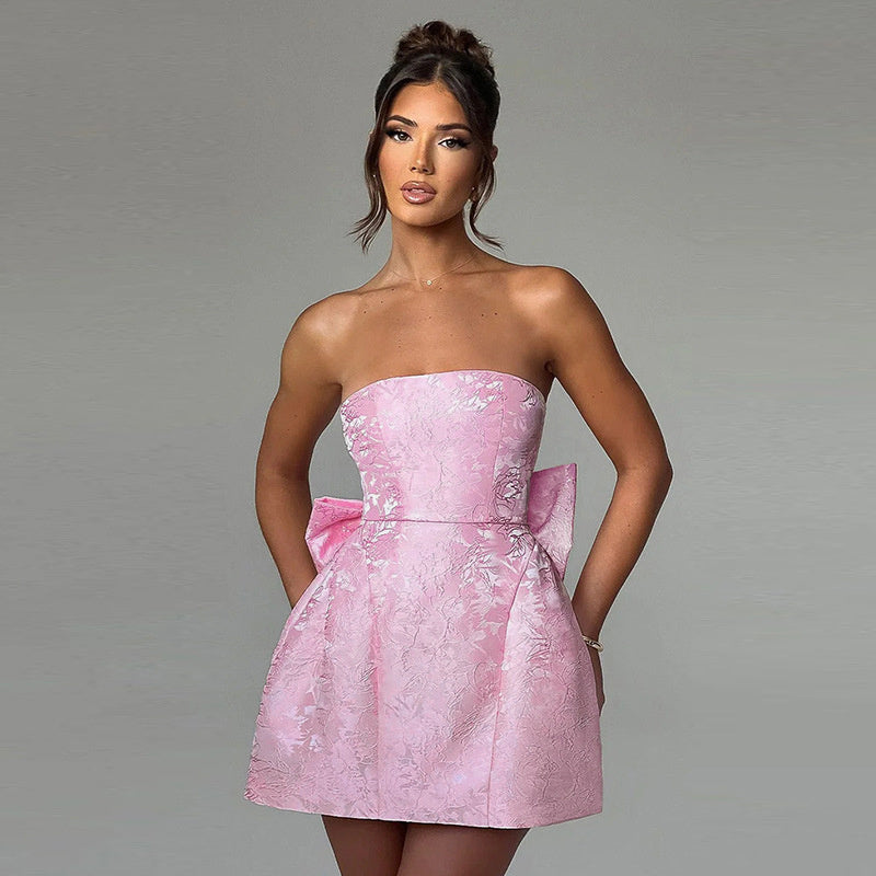Fleurie Minikleid für Damen | Trägerloses Jacquard-Kleid mit Schleife & Schnürung für besondere Anlässe
