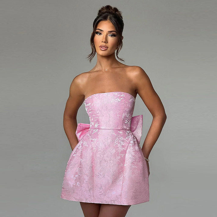 Fleurie Minikleid für Damen | Trägerloses Jacquard-Kleid mit Schleife & Schnürung für besondere Anlässe