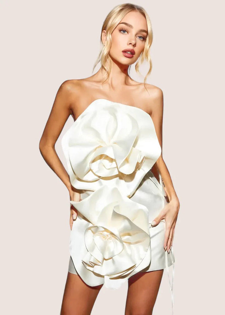 Fleur Blanche Partykleid für Damen | Elfenbeinfarbenes trägerloses Mini-Kleid mit Korsettdetail