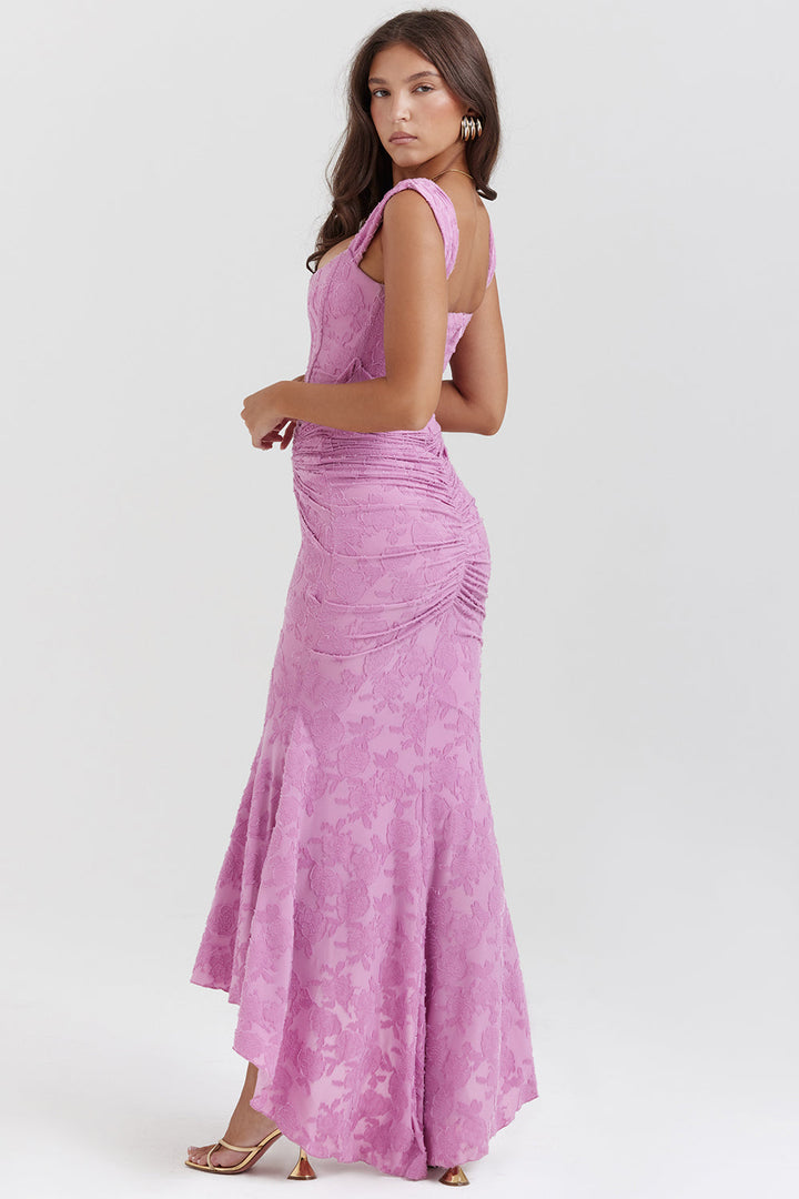 Zoey Abendkleid für Damen | Fliederfarbenes Kleid mit floraler Spitze & asymmetrischem Saum