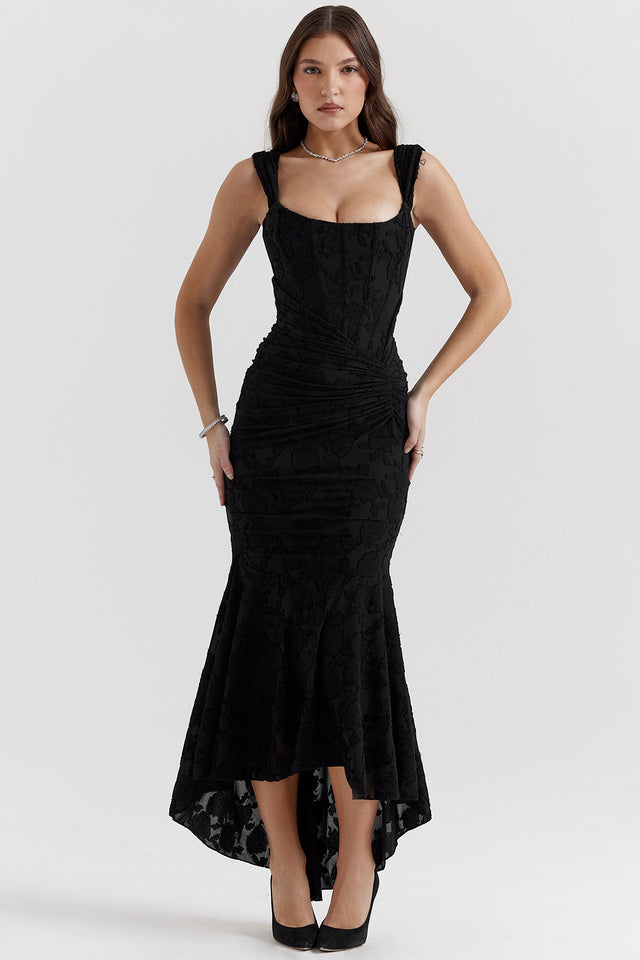 Zoey Abendkleid für Damen | Fliederfarbenes Kleid mit floraler Spitze & asymmetrischem Saum