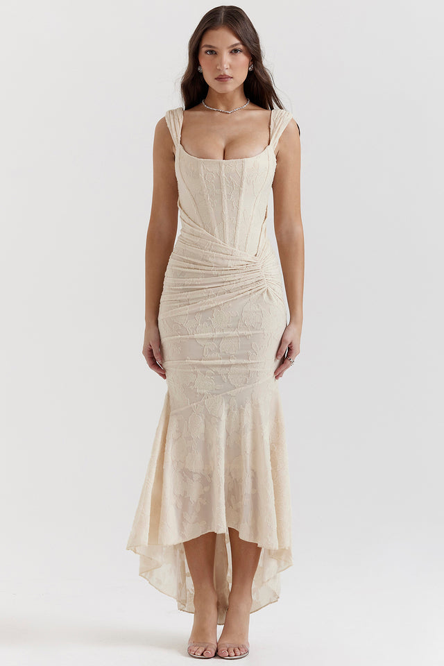 Zoey Abendkleid für Damen | Fliederfarbenes Kleid mit floraler Spitze & asymmetrischem Saum