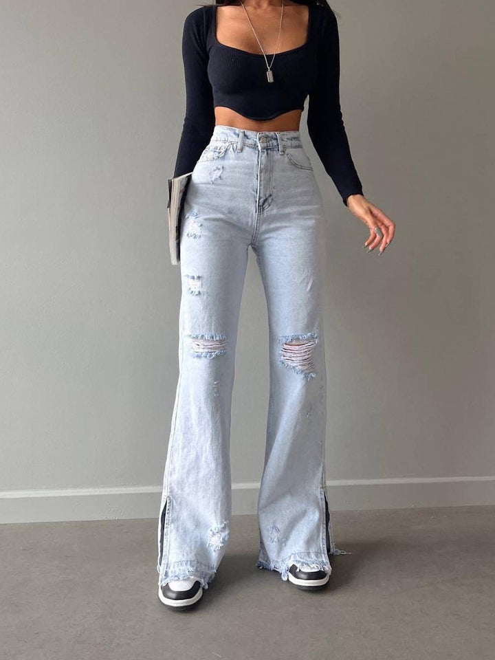 Cora Slim Fit Jeans – Trendige Denim mit Schlitzsäumen und Ripped Details