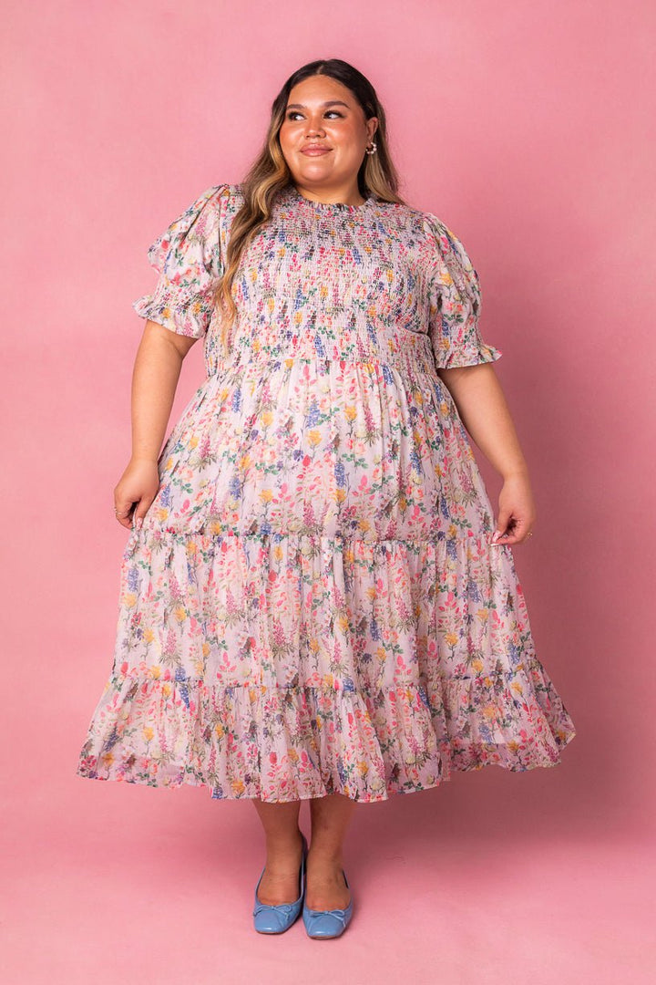 Cordelia Damen Midikleid mit Blumendruck & Smock-Bustier | Luftig, Feminin & Schwangerschaftstauglich
