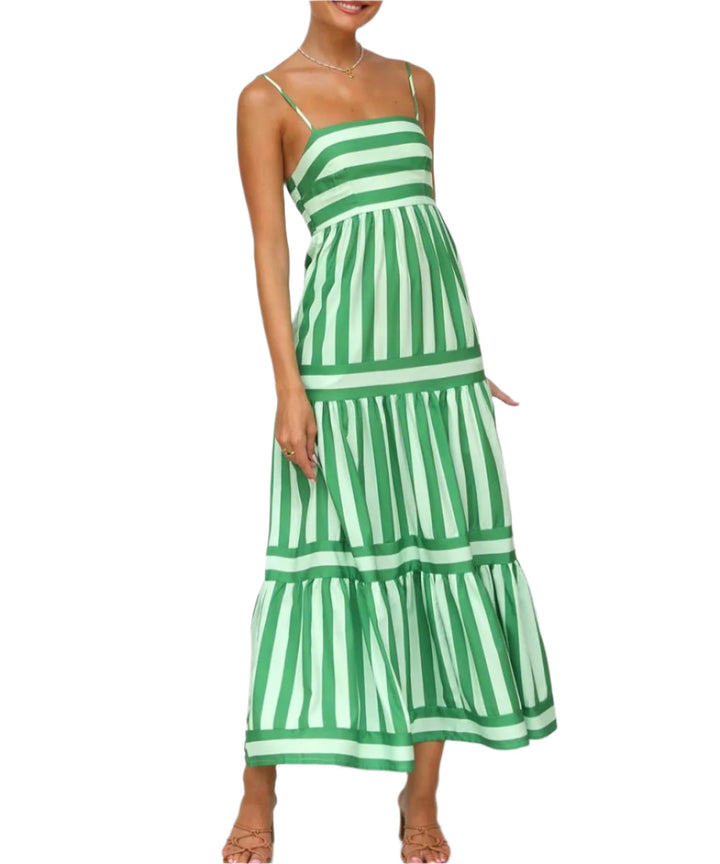 Solene - Gestreifte, gestufte Maxikleid mit angepasstem Oberteil und dünnen Trägern
