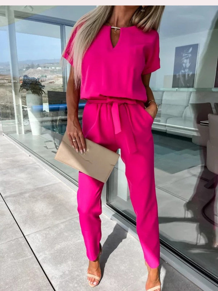 Elara Damen Jumpsuit mit V-Ausschnitt | Eleganter Einteiler mit Schleife & Weitem Bein