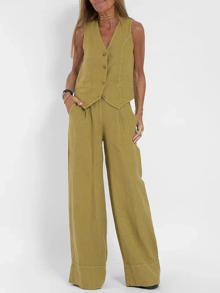 Aiden Zweiteiliges Outfit aus elegantem Leinen | Eng anliegende Weste & weite Hose