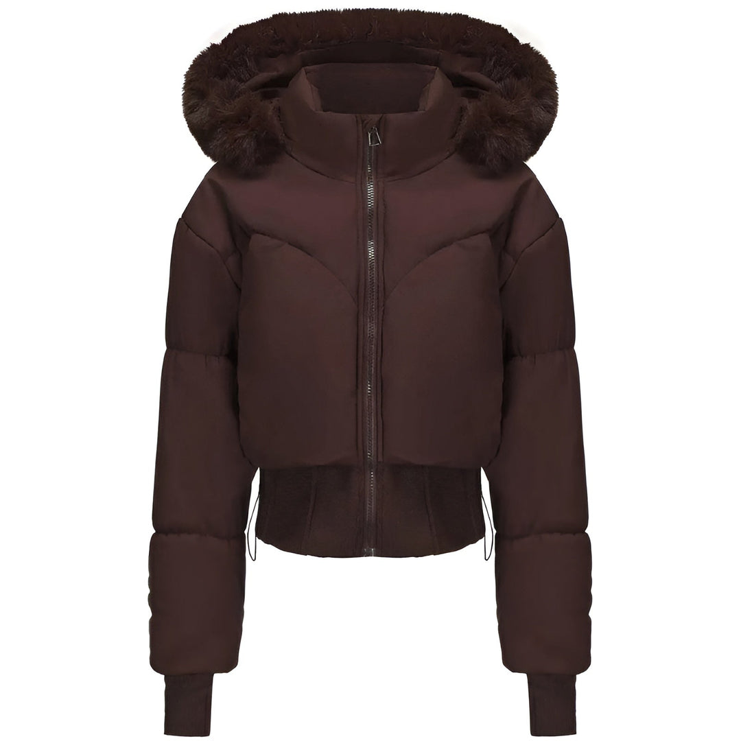 Kurze Damen-Pufferjacke mit Fellkapuze | Gesteppte Winterjacke mit Kunstfell