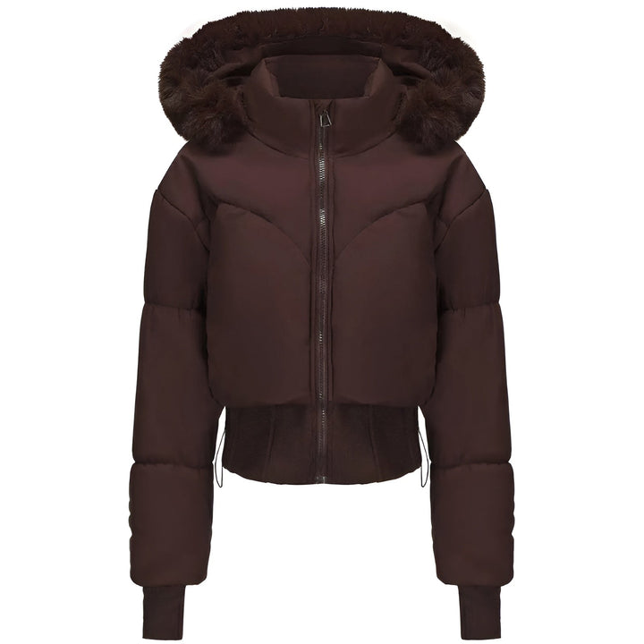 Kurze Damen-Pufferjacke mit Fellkapuze | Gesteppte Winterjacke mit Kunstfell