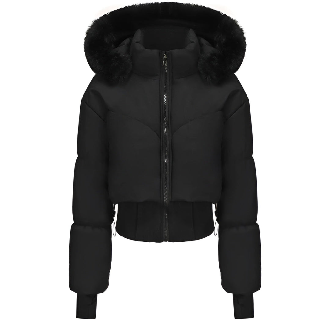 Kurze Damen-Pufferjacke mit Fellkapuze | Gesteppte Winterjacke mit Kunstfell