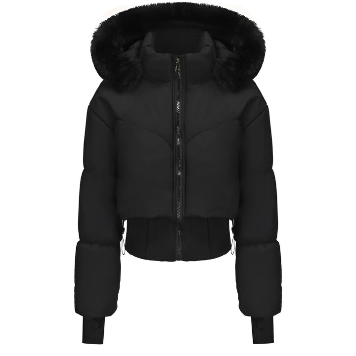 Kurze Damen-Pufferjacke mit Fellkapuze | Gesteppte Winterjacke mit Kunstfell