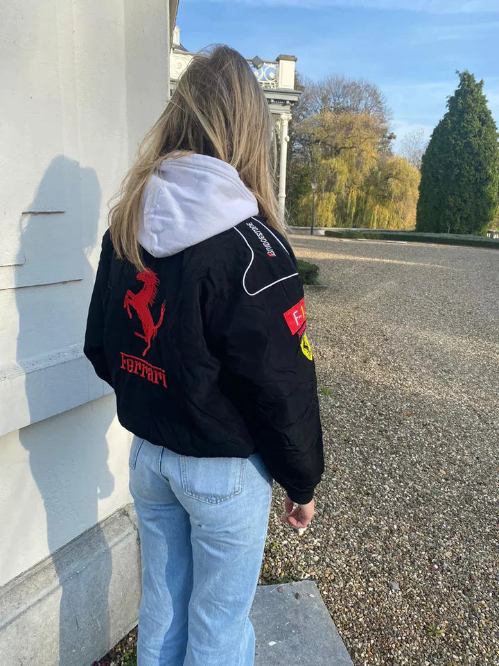 Ailyn Damen Rennfahrerjacke im Oversize-Stil | Motorsport-Look mit Farbblöcken & Patches