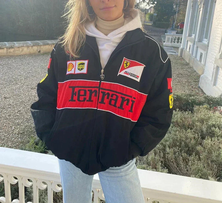 Ailyn Damen Rennfahrerjacke im Oversize-Stil | Motorsport-Look mit Farbblöcken & Patches