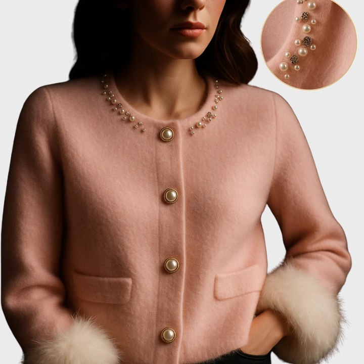 Damen Strickjacke mit Perlendetails & Pelzbesatz | Elegante Strickjacke Winter