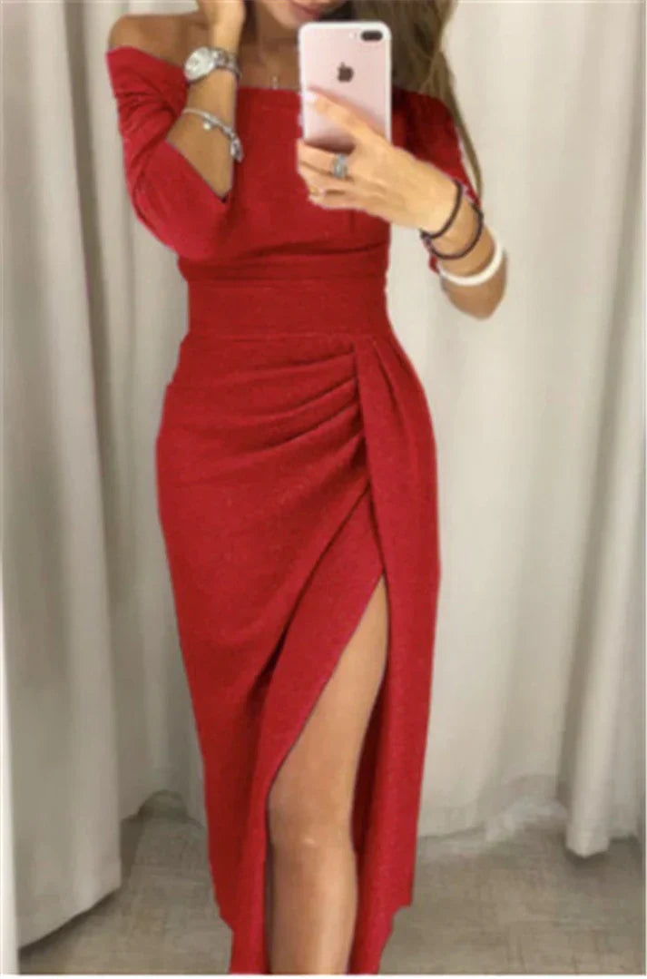 Nola Glitzerkleid für Party und Gala | Off-Shoulder Design mit Schlitz und schmeichelnder Drapierung