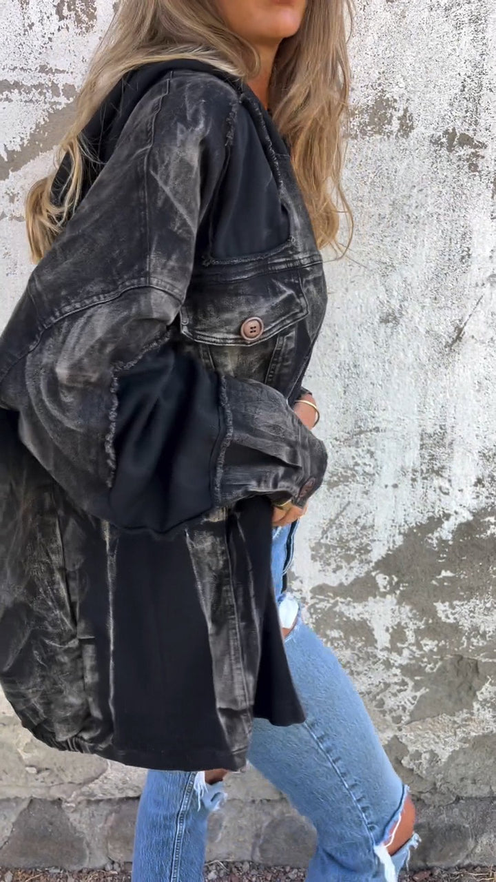 Denim-Jacke mit Kapuze und Reißverschluss