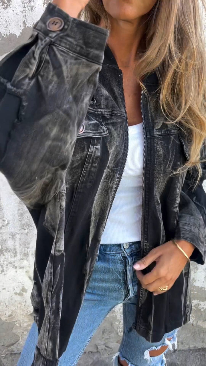 Denim-Jacke mit Kapuze und Reißverschluss