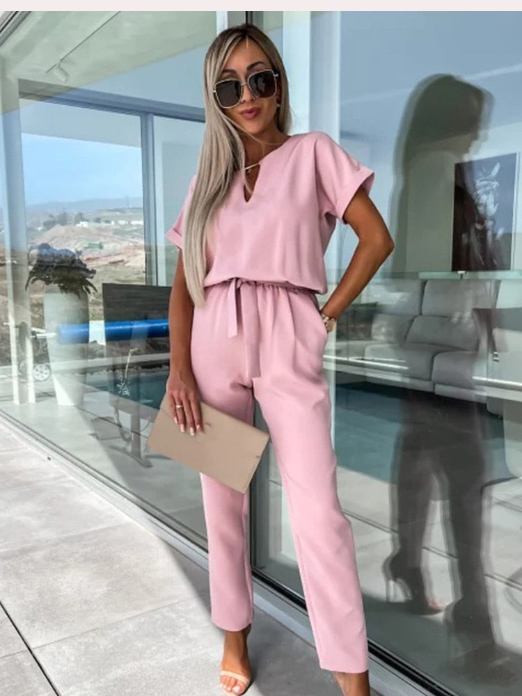 Elara Damen Jumpsuit mit V-Ausschnitt | Eleganter Einteiler mit Schleife & Weitem Bein