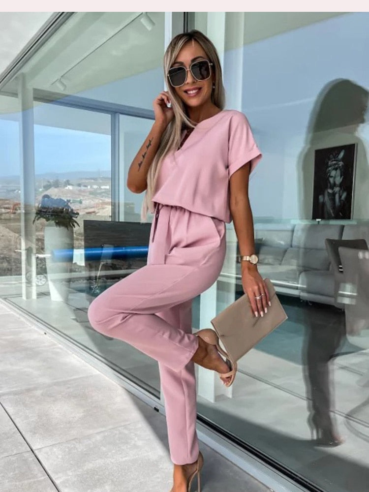 Elara Damen Jumpsuit mit V-Ausschnitt | Eleganter Einteiler mit Schleife & Weitem Bein