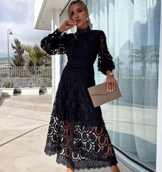 Mia Elegantes Kleid aus Spitze | Midi Schnitt, Hoher Kragen & Puffärmeln