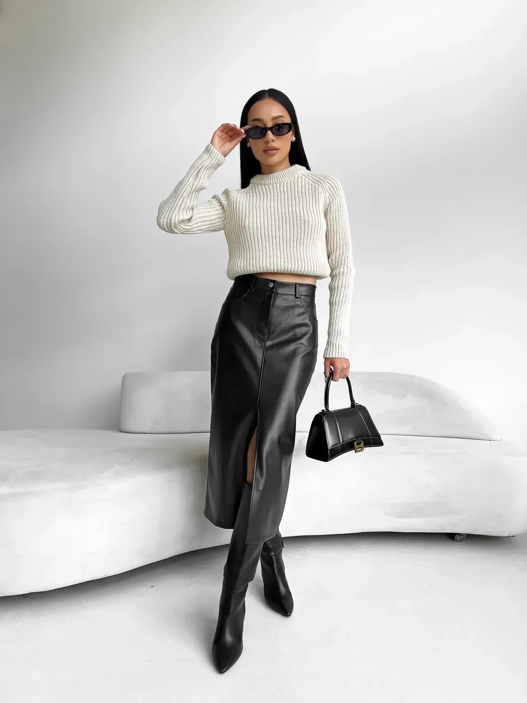 Patricia Damen Midirock aus Ökoleder | Eleganter Rock mit Hohem Schlitz & Lederoptik