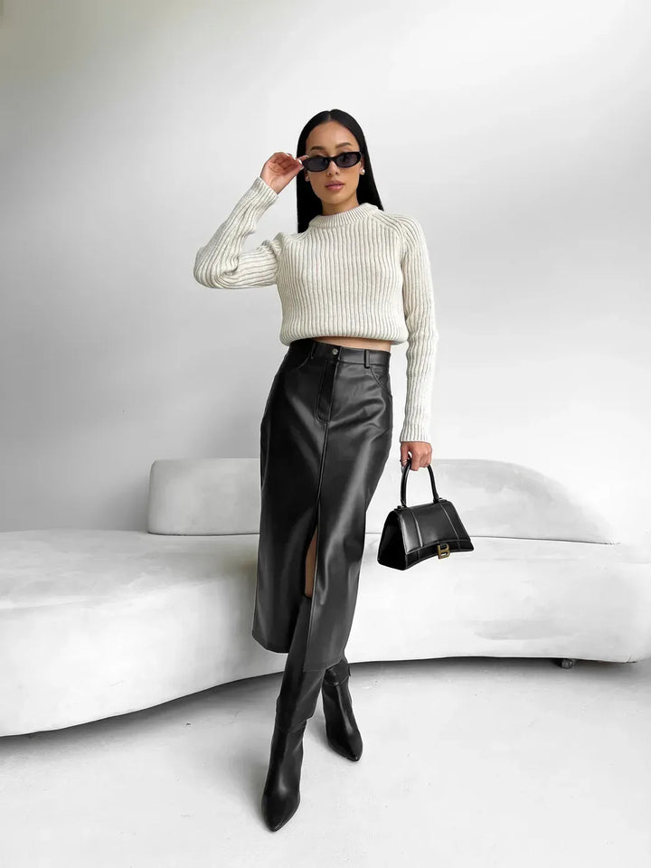 Patricia Damen Midirock aus Ökoleder | Eleganter Rock mit Hohem Schlitz & Lederoptik
