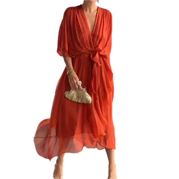 Laurie - Midi-Wickelkleid mit flatternden Ärmeln und eleganten Taillendetails