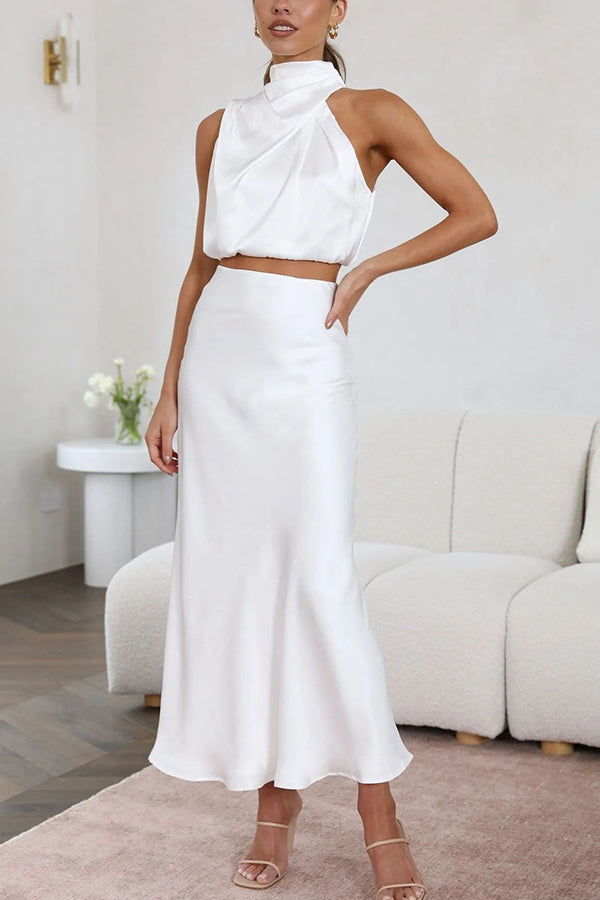 Seraphina Satin Set für Frauen | Halter Top mit offenem Rücken & fließender Maxirock für Party Look