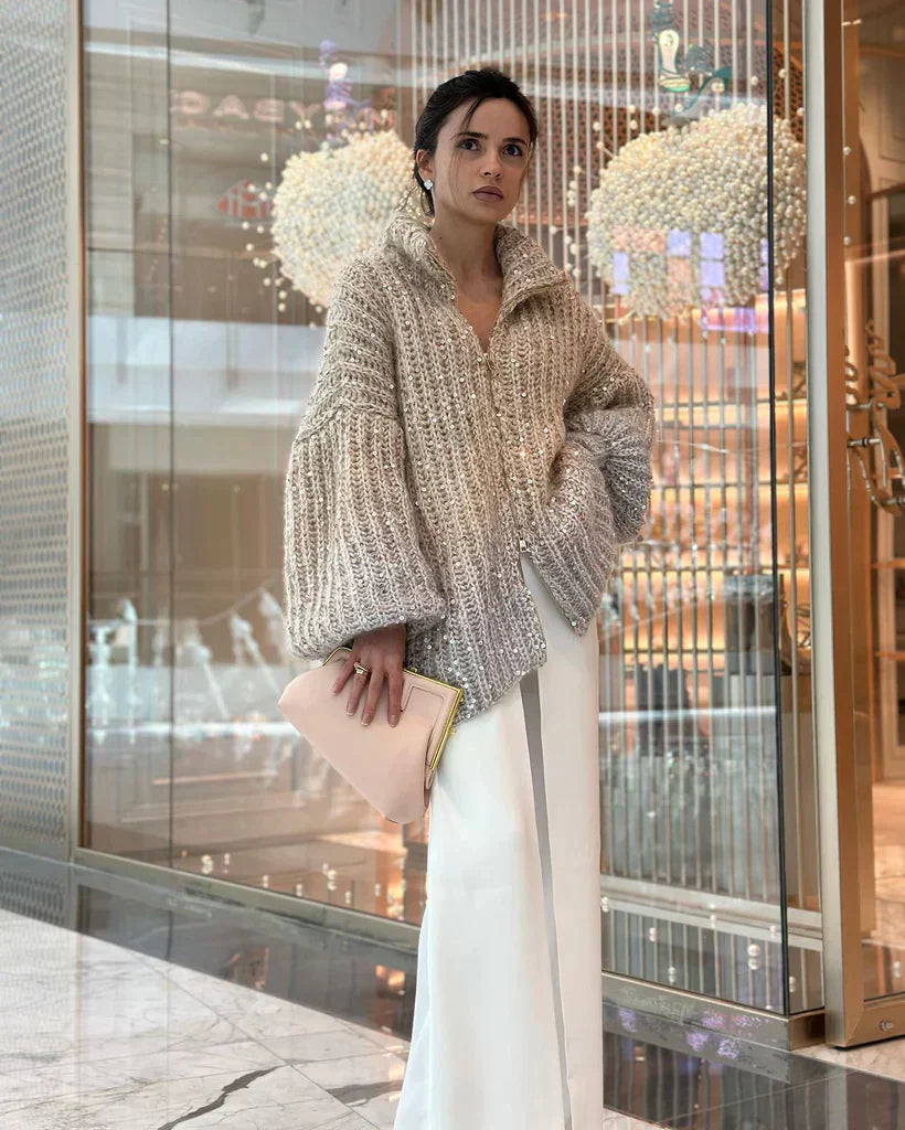 Cassidy | Glitzernder Seiden-Cardigan-Pullover